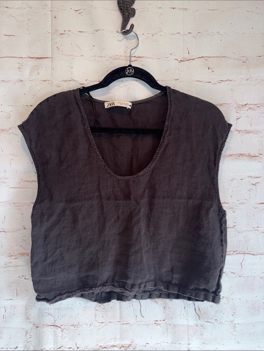 Zara Dark Gray Scoop Neck Linen Crop Tank top XS loose fit raw hem